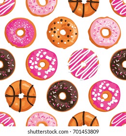 Vector seamless pattern with bright pink sweet donuts