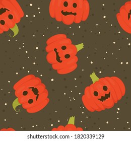 Vector seamless pattern with bright pumpkins, scary background. For halloween decoration and invitations, fabric, kitchen textile and print, web page background, gift and wrapping paper.