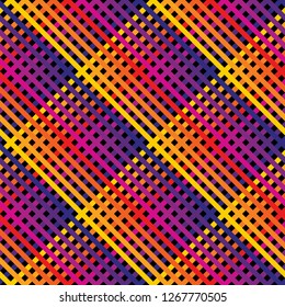 Vector seamless pattern in bright rainbow colors with diagonal cross lines, rhombuses, squares. Retro 1980-1990’s style background. Repeat colorful stripes texture. Trendy abstract geometric design 