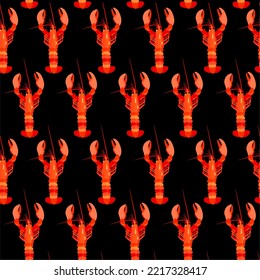 Vector seamless pattern with bright red lobsters on black background.