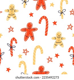 Vector seamless pattern with bright red and yellow gingerbread men and striped canes and stars. Ideal for Christmas holidays cards, posters, banners and other graphic and web design