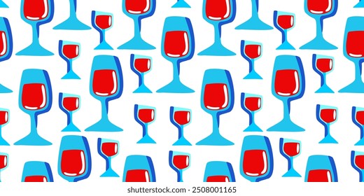 Vector seamless pattern with bright red and blue glossy wineglasses on white background.