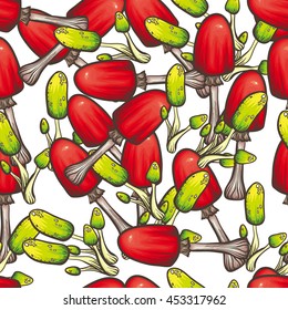 vector seamless pattern with bright red green mushrooms on white background