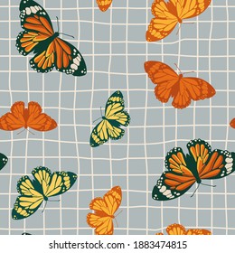 Vector seamless pattern with bright retro butterflies. Hand-drawn texture design
