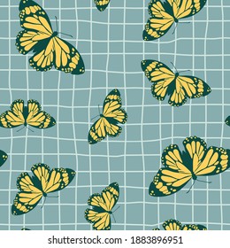 Vector seamless pattern with bright retro butterflies. Hand-drawn texture design
