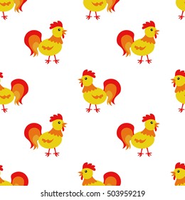 Vector seamless pattern with a bright rooster. Year of the Fire Rooster.