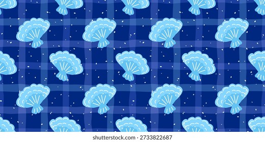 Vector seamless pattern with bright sea shells on a blue background. Minimal and modern marine design perfect for summer textiles, wrapping paper, and beach-themed decor.