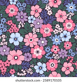 Vector seamless pattern. Bright pattern in small flowers. Small colorful lilac and pink flowers. Violet background. Ditsy floral background. Vintage template for fashion prints. Stock vector.