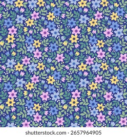 Vector seamless pattern. Bright pattern in small flowers. Small colorful flowers. Dark blue background. Ditsy floral background. Vintage template for fashion prints. Stock vector. Fashion cute print