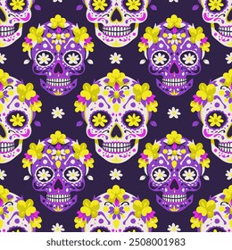 Vector seamless pattern with bright sugar skulls on dark violet background.