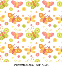 Vector seamless pattern with bright summer butterflies in  flat style.