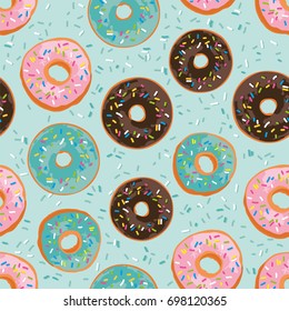 Vector seamless pattern with bright sweet donuts