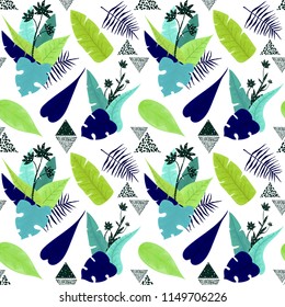 Vector Seamless Pattern of Bright Tropical Leaves and Dark Flowers