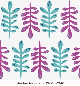 Vector seamless pattern with bright tropical purple and turquoise leaves on light background