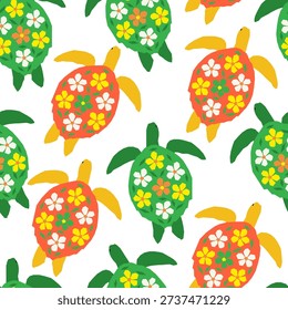 Vector seamless pattern with bright turtles with flowers on their backs