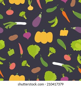 Vector seamless pattern. Bright vegetables on dark background. Can be used for textile, wallpaper, wrapping.