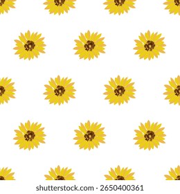 Vector seamless pattern with bright yellow sunflowers on a white background. The simple and cheerful design creates a sunny and fresh mood.