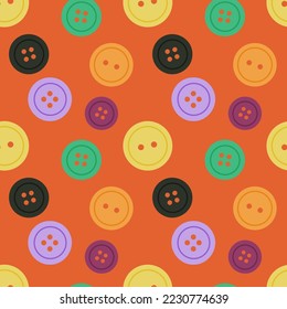 Vector seamless pattern with brightly colored buttons on orange background. Modern design for fabric and paper, surface textures.