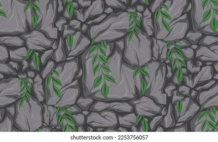 Vector seamless pattern with broken stones and stems with leaves. Earthquake and apocalypse danger. Texture with cartoon smashed rocks with cracks on dark background for wallpaper. Natural disaster.