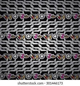 Vector Seamless Pattern with broken stripes.Background with floral elements