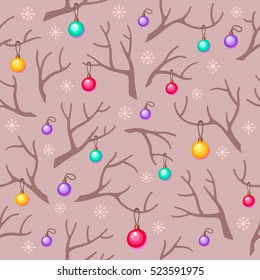 Vector seamless pattern with brown branches, christmas multicolored balls and snowflakes on a pink background. Cartoon winter wallpaper for your design..