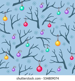 Vector seamless pattern with brown branches, christmas multicolored balls and snowflakes on a blue background. Cute x-mas wrapping. Cartoon winter wallpaper for your design. Christmas ornament.