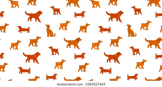Vector seamless pattern with brown dogs walking on white background.