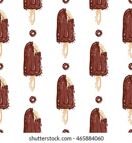 Vector seamless pattern with brown dot and chocolate ice cream on stick. Beautiful background for party, greeting paper card or banner. Hand drawn fashion sketch style. Objects on white backdrop.