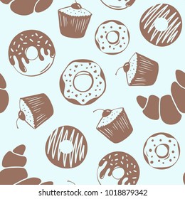 Vector seamless pattern of brown hand drawn donuts, croissant and muffin on mint background.