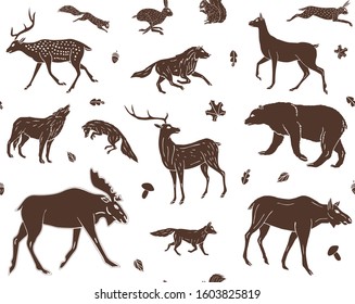Vector seamless pattern of brown hand drawn doodle sketch forest animals isolated on white background