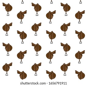 Vector seamless pattern of brown hand drawn doodle sketch horse riding equestrian saddle isolated on white background
