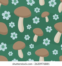 Vector seamless pattern with brown mushrooms and flowers on a green background