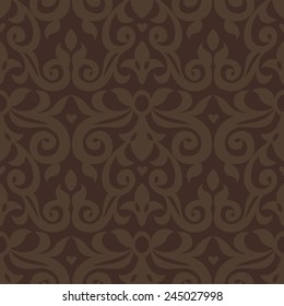 Vector seamless pattern with brown ornaments. Vintage element for design in Victorian style. Ornamental lace tracery. Ornate floral decor for wallpaper. Endless vintage texture. Dark pattern fill.