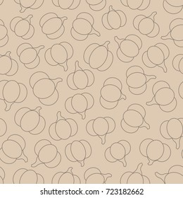 Vector seamless pattern with brown pumpkins outline on the beige background. Pastel autumn ornament.