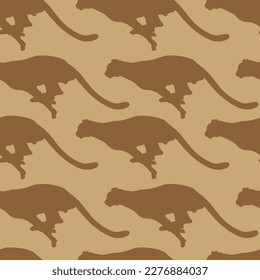 Vector seamless pattern: brown silhoueetes of running cheetahs on beige. Design with animals for textile, fabric, wallpaper, wrapping paper.