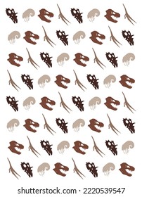 Vector seamless pattern with brown silhouettes of prehistoric dinosaurs and fossils isolated on white background. Mollusk or ammonite, triceratops or spiclypeus, Tyrannosaurus rex and pterodactyl. 