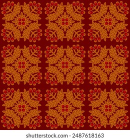 
Vector seamless pattern of brown-yellow leaves and dark red berries on a dark red-brown background. Autumn floral pattern. Quadrangular blocks made of plant elements.