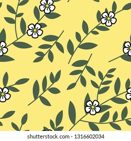 Vector seamless pattern with brunch and flowers on yellow background. Wallpaper and fabric design. Good for printing. Textile and texture pattern.