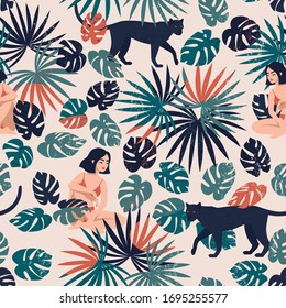 Vector seamless pattern with a brunette girl in a terracotta bathing suit sitting in the jungle near a walking panther on a light beige background.