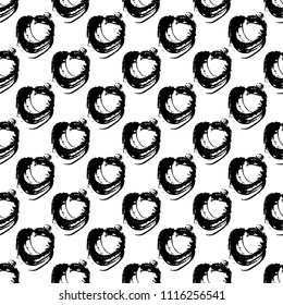 Vector seamless pattern with brush circle and round. Black color on white background. Hand painted grange texture. Ink geometric elements. Fashion modern style. Endless fabric print. Retro