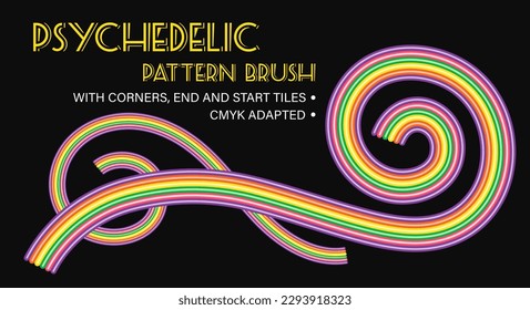 Vector seamless pattern brush with colorful stripes. Complete brushes with corners, end and start tiles. CMYK adapted Good for groovy, hippie style