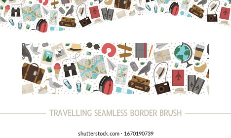 Vector seamless pattern brush with flat travelling objects. Journey elements border background. Travel or vacation elements horizontal digital paper