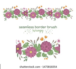 Vector seamless pattern brush of green leaves with purple flowers with reeds and waterlilies on white background. Floral border ornament. Trendy flat illustration