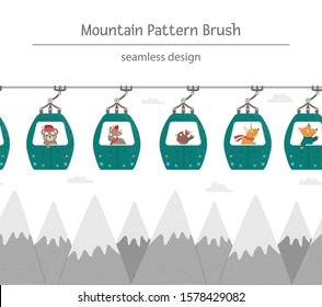 Vector seamless pattern brush with mountains and funicular cable cars with funny animals inside. Winter cute repeating background border. Illustration for kids