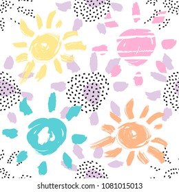 Vector seamless pattern with brush painted sun silhouettes and sun shapes with dot texture isolated on white background.