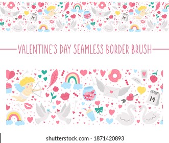 Vector seamless pattern brush with Saint Valentine’s day symbols. Repeating border background with cute characters and love objects. Playful February holiday texture
