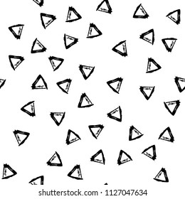 Vector seamless pattern with brush stripes and triangle. Black color on white background. Drawing grange texture. Ink geometric elements. Fashion modern style. Repeat fabric backdrop ornament print