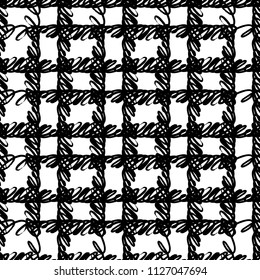 Vector seamless pattern with brush stripes and strokes. Black color on white background. Hand painted plaid texture. Ink geometric elements. Fashion modern style. Endless fabric check print.