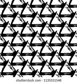 Vector seamless pattern with brush stripes and triangle. Black color on white background. Drawing grange texture. Ink geometric elements. Fashion modern style. Repeat fabric backdrop ornament print