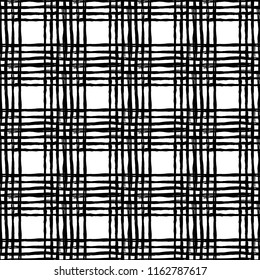 Vector seamless pattern with brush stripes and strokes. Black color on white background. Hand painted plaid texture. Ink geometric elements. Fashion modern style. Endless fabric check print.